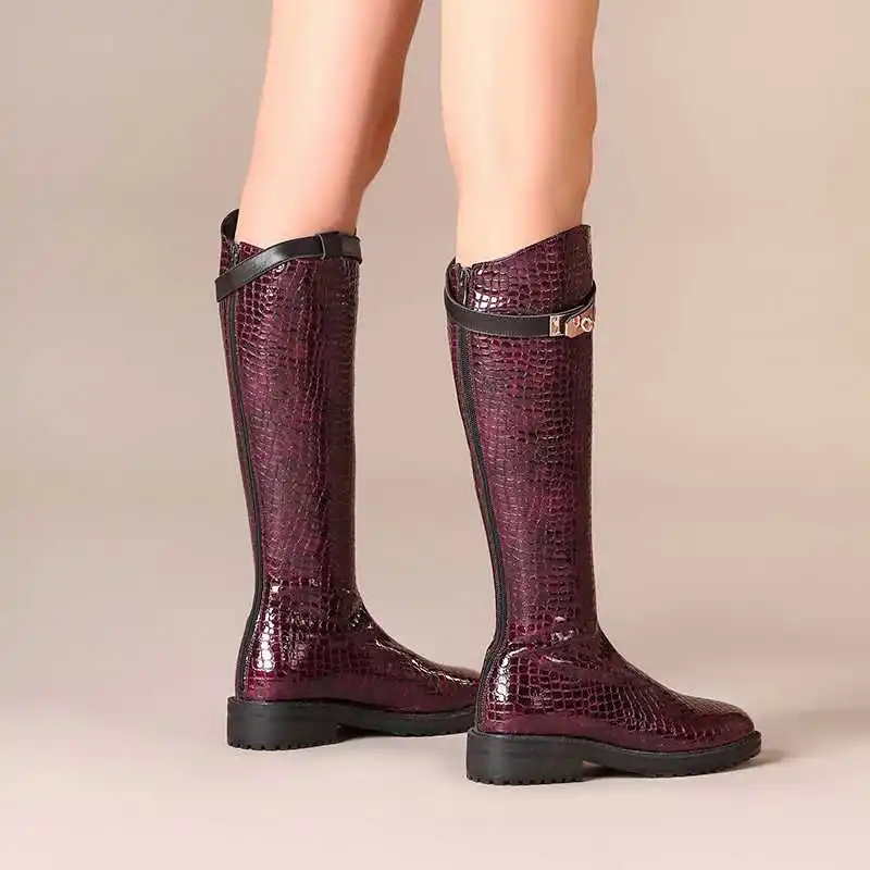 Luxury brand new winter thigh high boots women riding boots stone pattern metal buckle keep warm knight boots zapatos de mujer