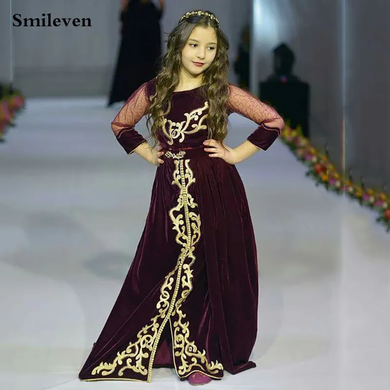 

Smileven Velvet Burgundy Girl Morocco Caftan Evening Dress 3/4 Sleeve Party Dress Lace Longo Dubai Special Occasion Dresses