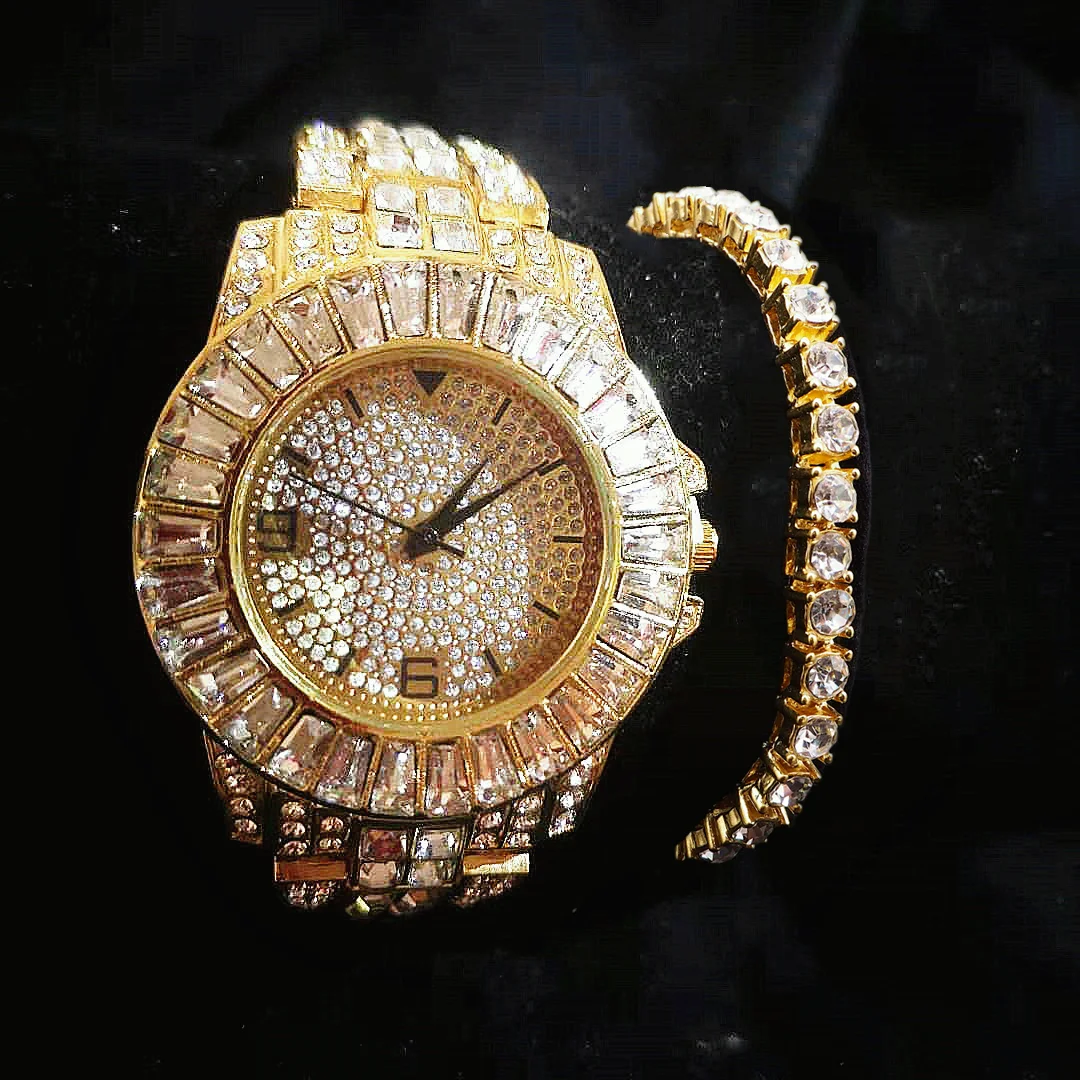 2pcs/set Iced Out Watch + Tennis Bracelet for Men Women Luxury Cool Hip Hop Gold Mens Watch Set Clock Watches Religio Masculino