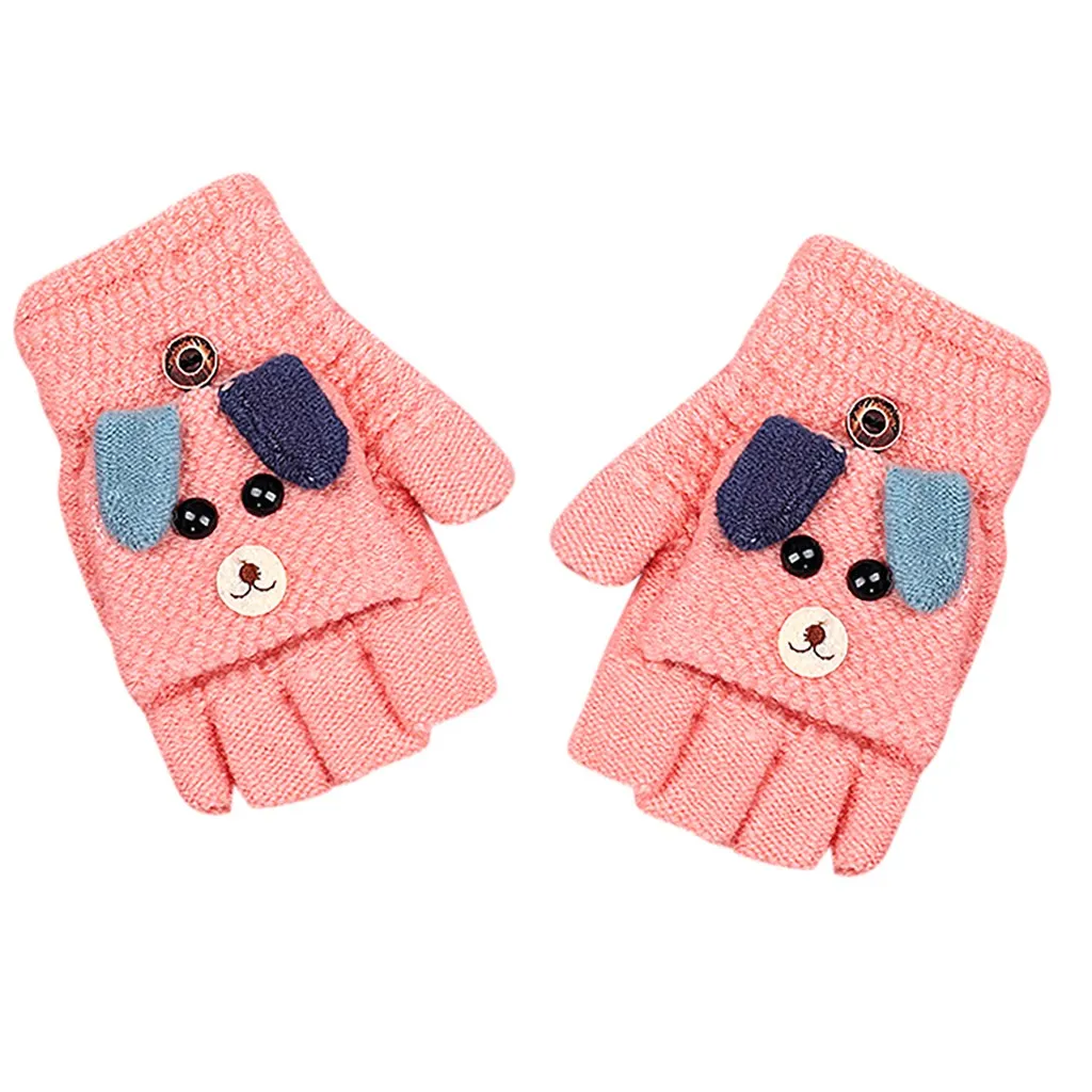 Зимние детские вязаные перчатки с открытыми пальцами, рождественские детские теплые перчатки, кашемировые рукавицы Мультфильмы для начальной школы T2 - Цвет: Pink