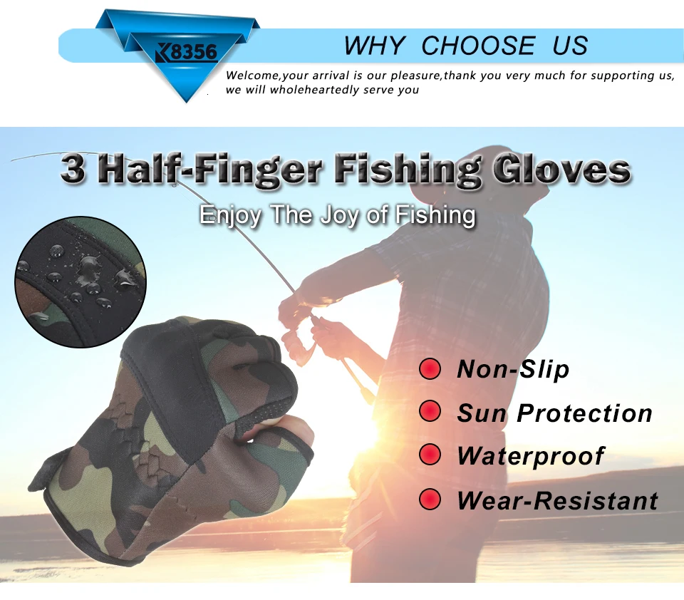 K8356 1Pair / Lot Polyester Outdoor Fishing Gloves 3 Half-Finger Breathable Anti-Slip Sunscreen Waterproof Glove Fishing Equipme