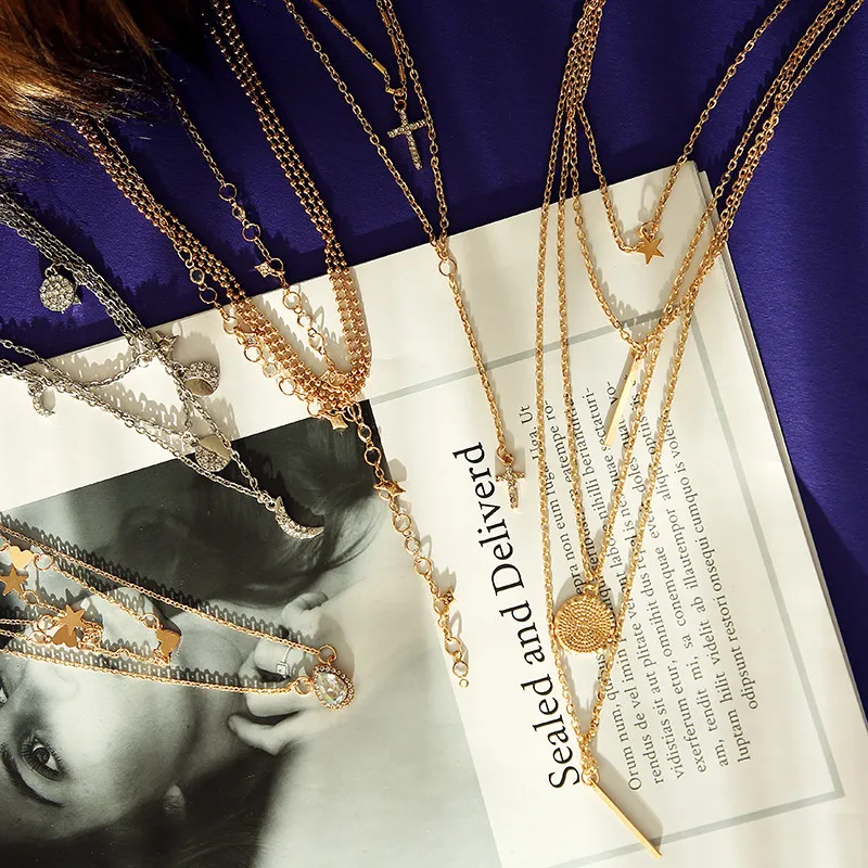

Luokey 2020 New Delicate Small Crystal Gold Necklace For Women Cross Moon Wedding Necklace Layered Choker Collares Jewelry Gifts