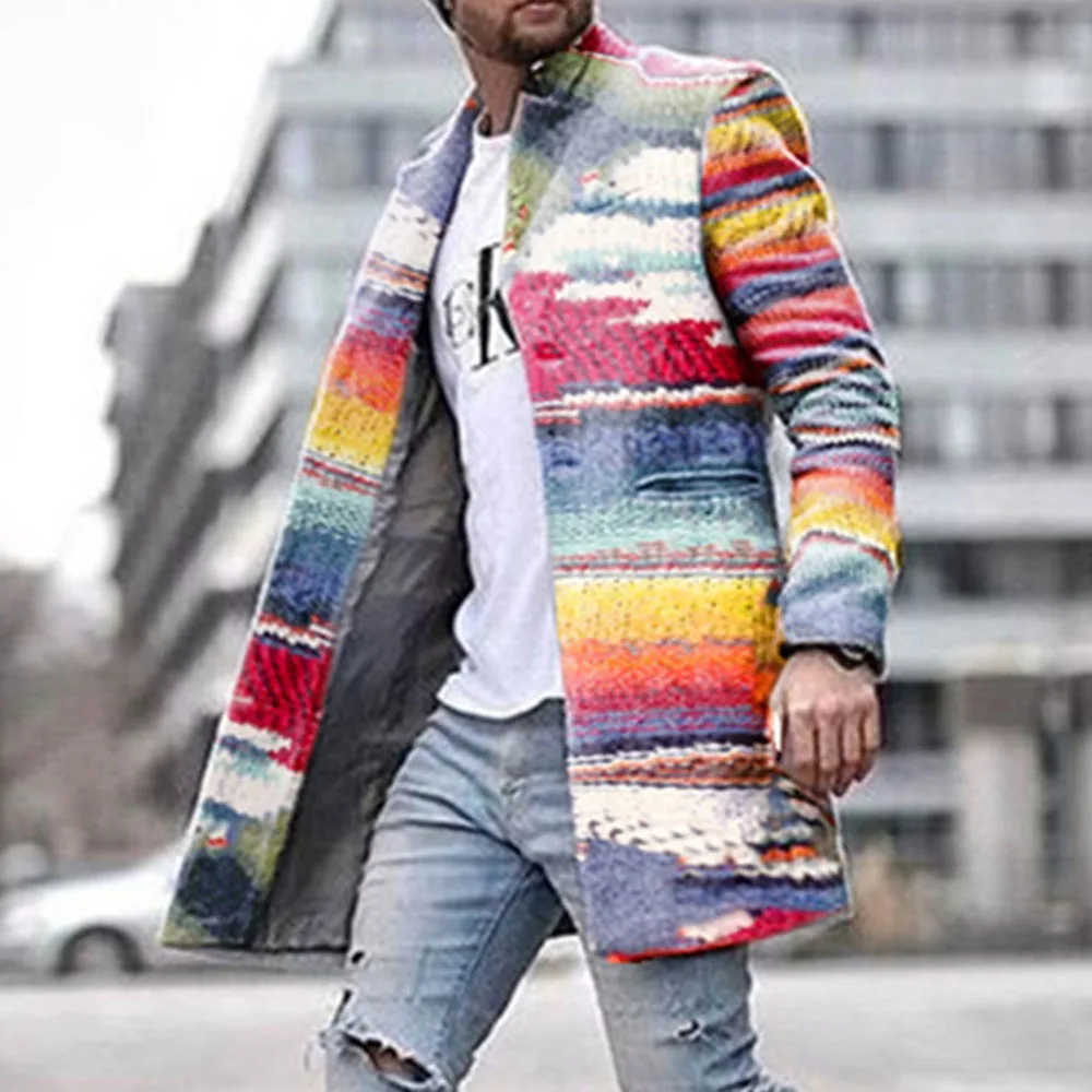 Beste Mannen Lange Blazer Jassen Office Overjas 4XL Herfst En Winter Regenboog Print Lange Warme Jas Mannen Plus Size Uitloper zwart Warm