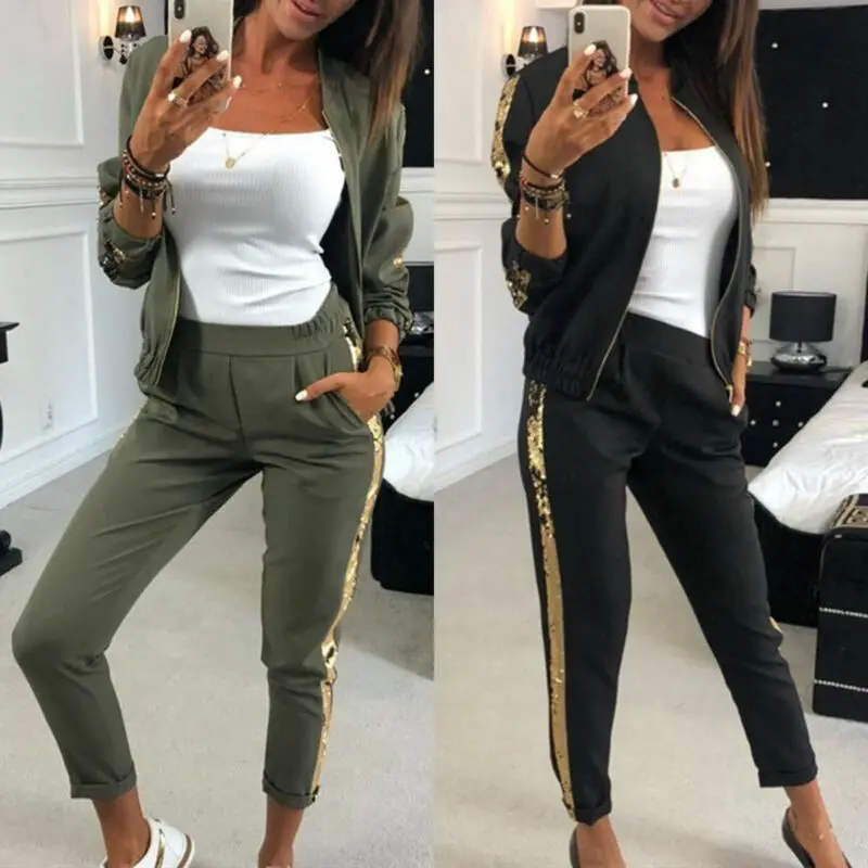 

2Pcs Womens Sequins Outdoors Tracksuit Sweatshirt Pants Sport Wear Suit JS034
