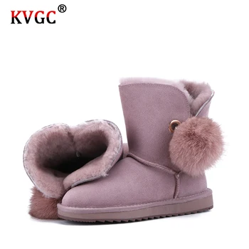 

KVGC 2020New high-quality fashion Pom-pom Brooch Women lovely Winter Boots Cowhide Suede Leather Keep warm Wool Lined Snow Boots