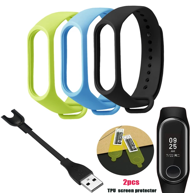 green-blue-black YHNUJM Сменные ремни+ usb-кабель для зарядки+ 2 шт Защитная пленка для экрана для Xiaomi Mi Band 3 умный силиконовый браслет - Цвет: green-blue-black