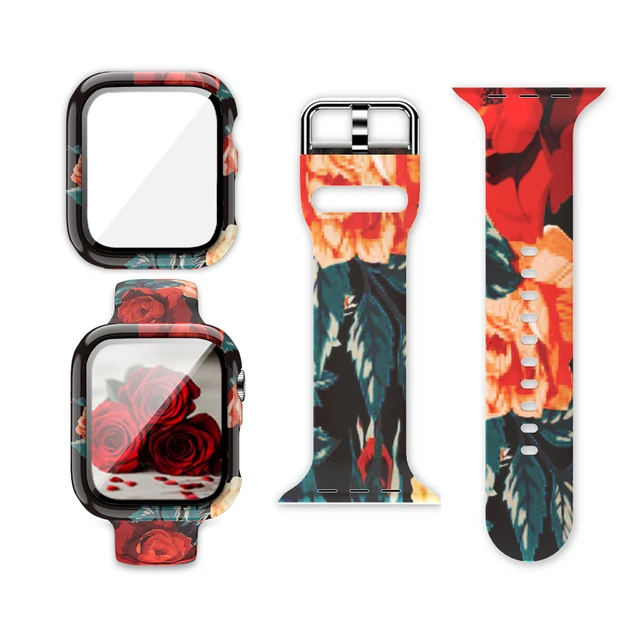 Case+Bands for Apple Watch Band 44 40 42 38mm with Screen Protector Cover, Glass+Silicon Wristband Strap for iWatch SE 654321 Red Rose