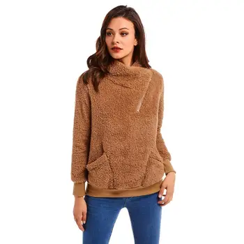 

2019 Autumn Winter Women Long Sleeve Sweatshirt Zipper Up Stand Collar Plush Warm Tops Front Pocket Clothing Female Coat Jacket