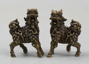

46MM/1.8" Collection Curio Rare Chinese Bronze Exquisite Duad Animal Auspicious Beast Qilin Kylin Unicorn Statue Statuary 105g