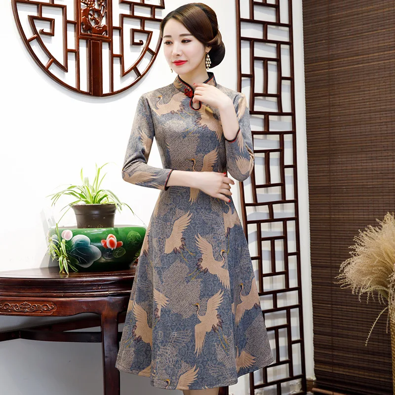 

Cheongsam Style Dress Spring And Autumn New Style Chinese-style Three-quarter-length Sleeve Mid-length Elegant Elegant Retro Chi