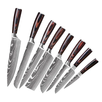 

8 PCS Chef Knife Set Kitchen Knife Damascus Laser Pattern 7cr17mov Carbon Stainless Steel Pakka Wood Handle Japanese Chef Knife