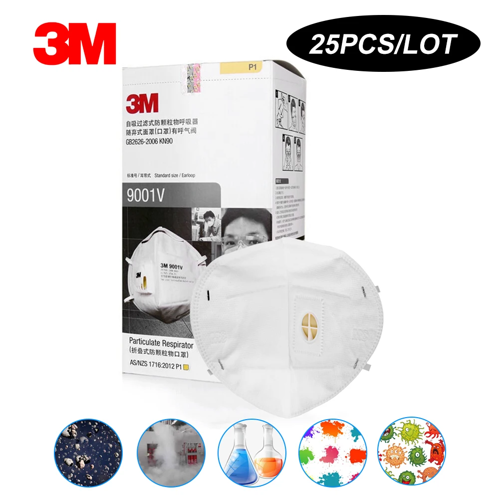 

25pcs/lot 3M 9001V Dust Mask PM 2.5 Anti-fog Masks Anti influenza Breathing valve Adult KN90 Safety Particulate Respirator
