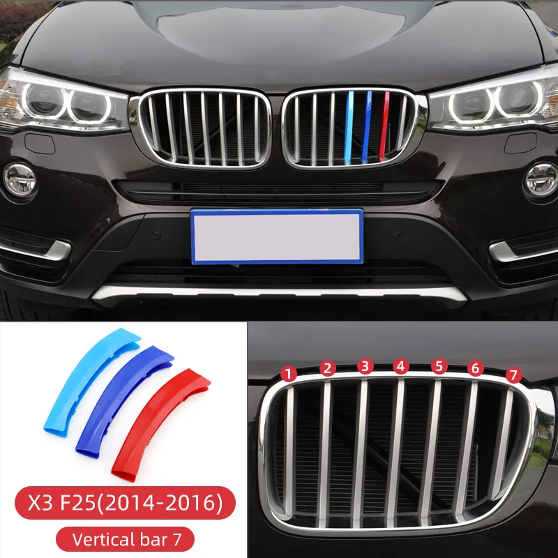 3pcs Car Front Grille Trim Strips Cover Motorsport Stickers For BMW X1 E48 F48 X3 F25 X4 F26 X5 F15 X6 F16 M Power Accessories - Название цвета: X3 F25(2014-2016)