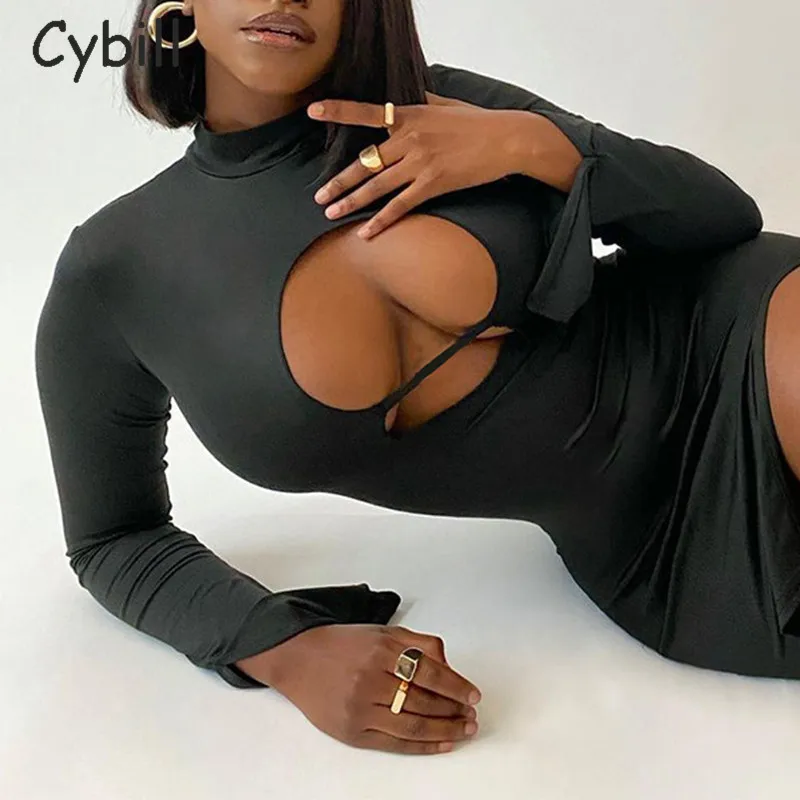 Cybill сексуальное мини-платье с длинным рукавом черное облегающее Клубное платье