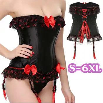 

Size S-6XL Women's Lace Satin Fancy Corset Bustier Gothic Overbust Lace up Waist Cincher Body shaper corselet