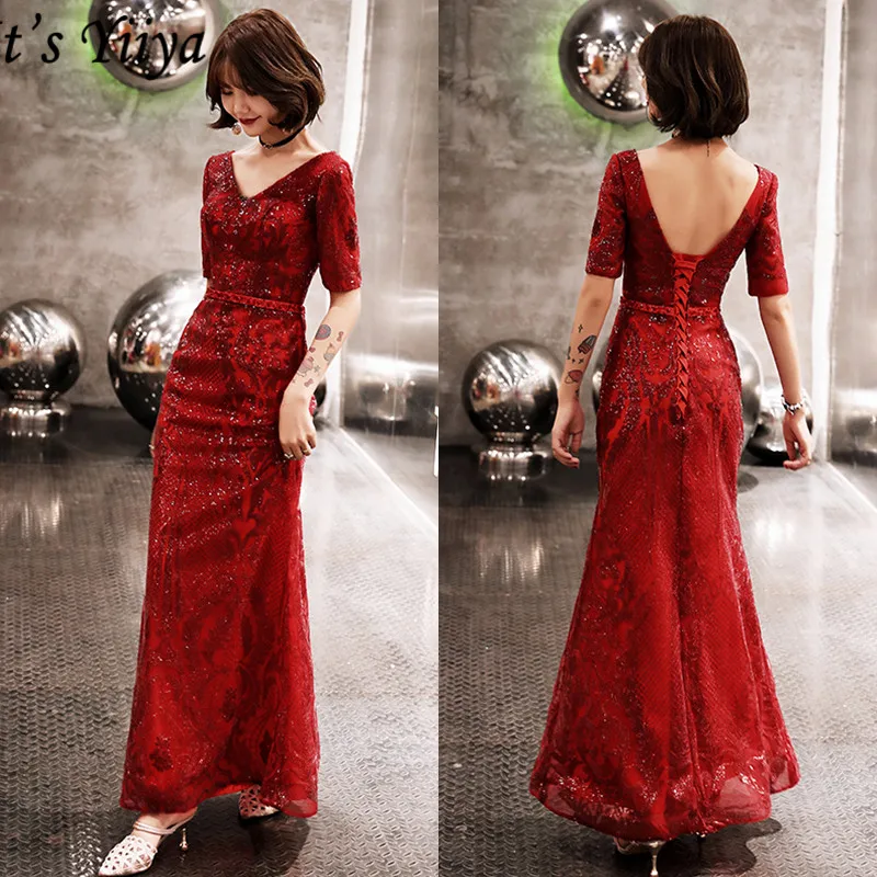 

It's Yiiya Formal Dress Backless Short Sleeve Sequined Evening Dress 2020 LF145 V-Neck Plus Size Vintage Robe De Soiree