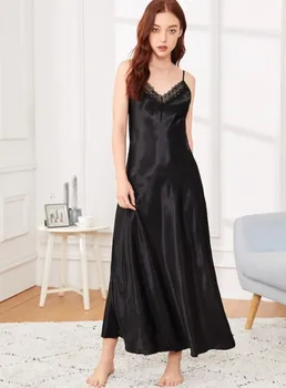 

2020 Summer Simulation Silk Solid Color Strap Section Long Nightdress Lace Comfortable Sexy Charming Cool Home Nightdress
