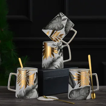 

Nordic Brief Leaves Mugs with Lid Spoon Creative Ceramic Mug Milk Breakfast Home Office Large Capacity Coffee Cups for Women Man