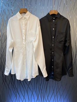 

2020 Spring and Summer New Women's Lapel Button Decorative Waist Plain Long-Sleeve Long Blouse Shirt 423