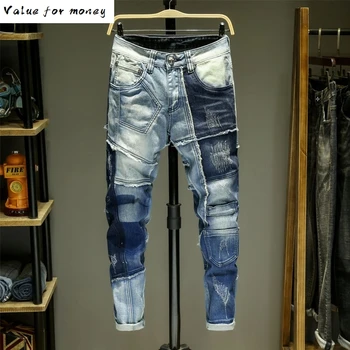 

Splice Jeans Men Jean Homme Skinny Denim Ripped Spijkerbroeken Heren Biker Stretch Pants Slim Fit Trousers Warm Pantalon Luxe