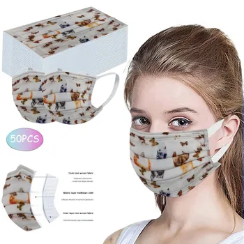 

50PCS Disposable Mask Printed Animal Prints Soft Masks For Adults 3-layer Masks Breathable Haze Proof Protective Mouth Face Mask