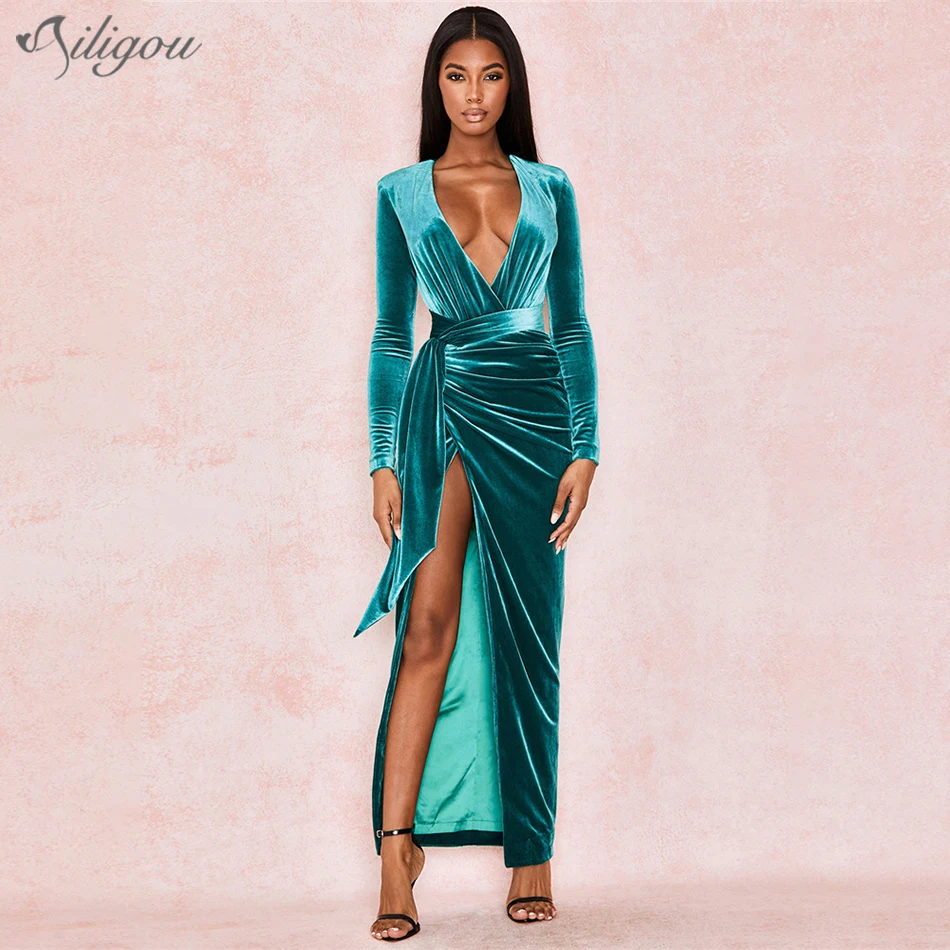 Ailigou новые женские бархатные зеленый знаменитости Вечерние платья с длинными рукавами и v-образным вырезом, рукав с заниженной линией длинное обтягивающее Клубное платье Vestidos