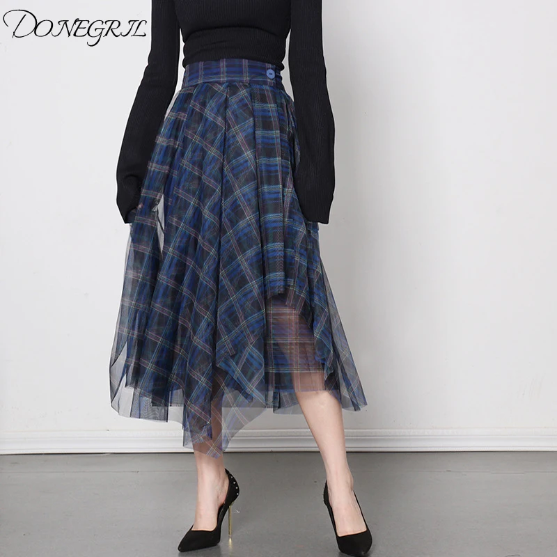 

2020 New Casual Plaid Patchwork Mesh Women's Skirts High Waist Hit Color Elegant A Line Skirt Female Spring Autumn Fashion