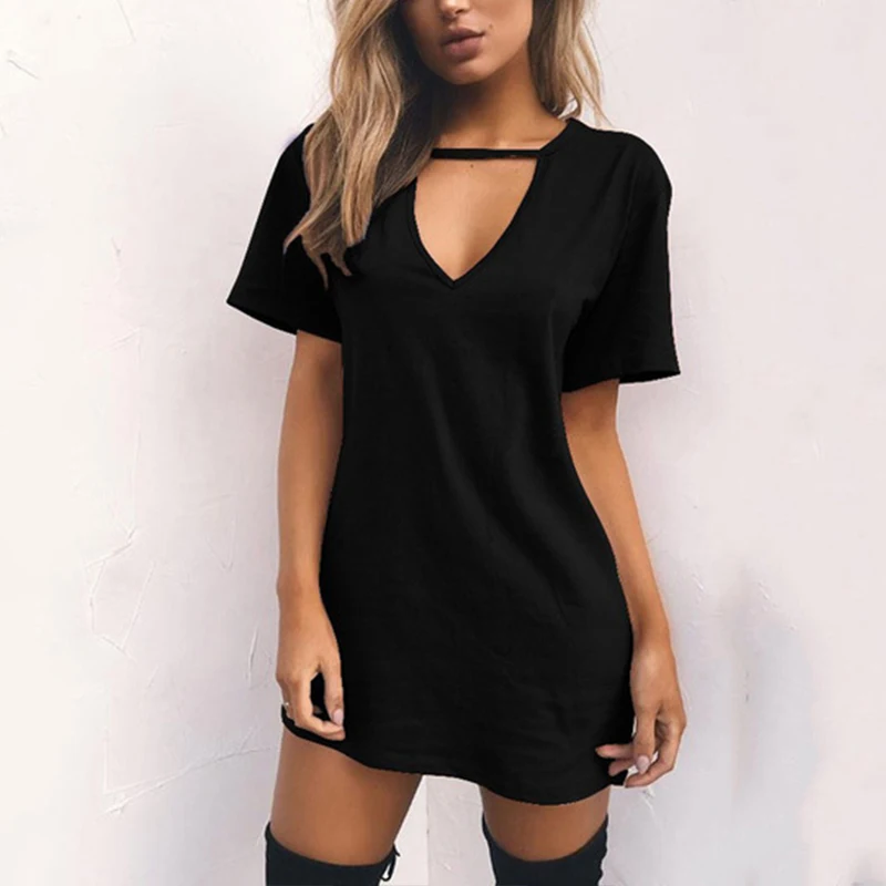 

2023 Summer Tshirt Dress Women Fashion Sexy V-neck Short Sleeve Casual Loose Pure Color Beach Black White Mini Dresses Plus Size