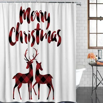 

Christmas Theme Red and Black Buffalo Gingham Deer Waterproof Polyester Hook Shower Curtain for Bathroom Decoration