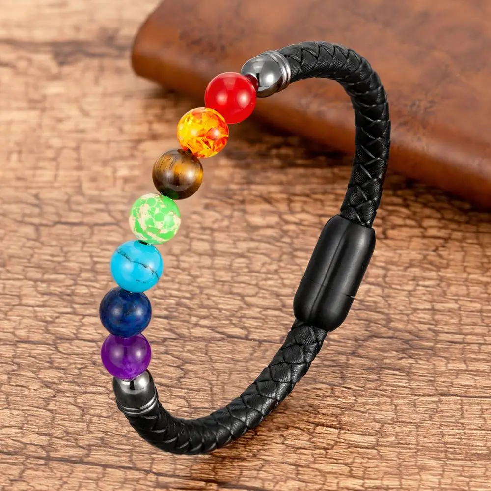 Natural Round Chakra Bead Stone Bracelet Genuine Leather Stainless Steel Bangles Jewelry bracelet jewelry