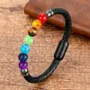 Natural Round Chakra Bead Stone Men's Bracelet Classic Black Genuine Leather Stainless Steel Bangles Women 2022 Fashion Jewelry ► Photo 3/6