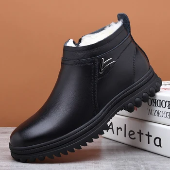 

new arrival men fashion black warm plush snow boots genuine leather cotton shoes wool winter boot zapatos de hombre masculinas