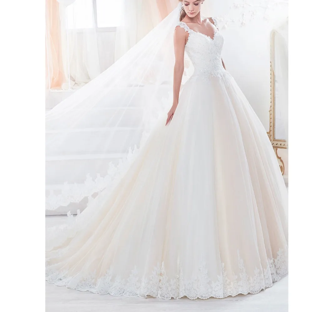 Exqusite белый тюль для невесты Vestidos De Novia Спагетти ремни Аппликации спинки молния вверх с шаровые кнопки платье