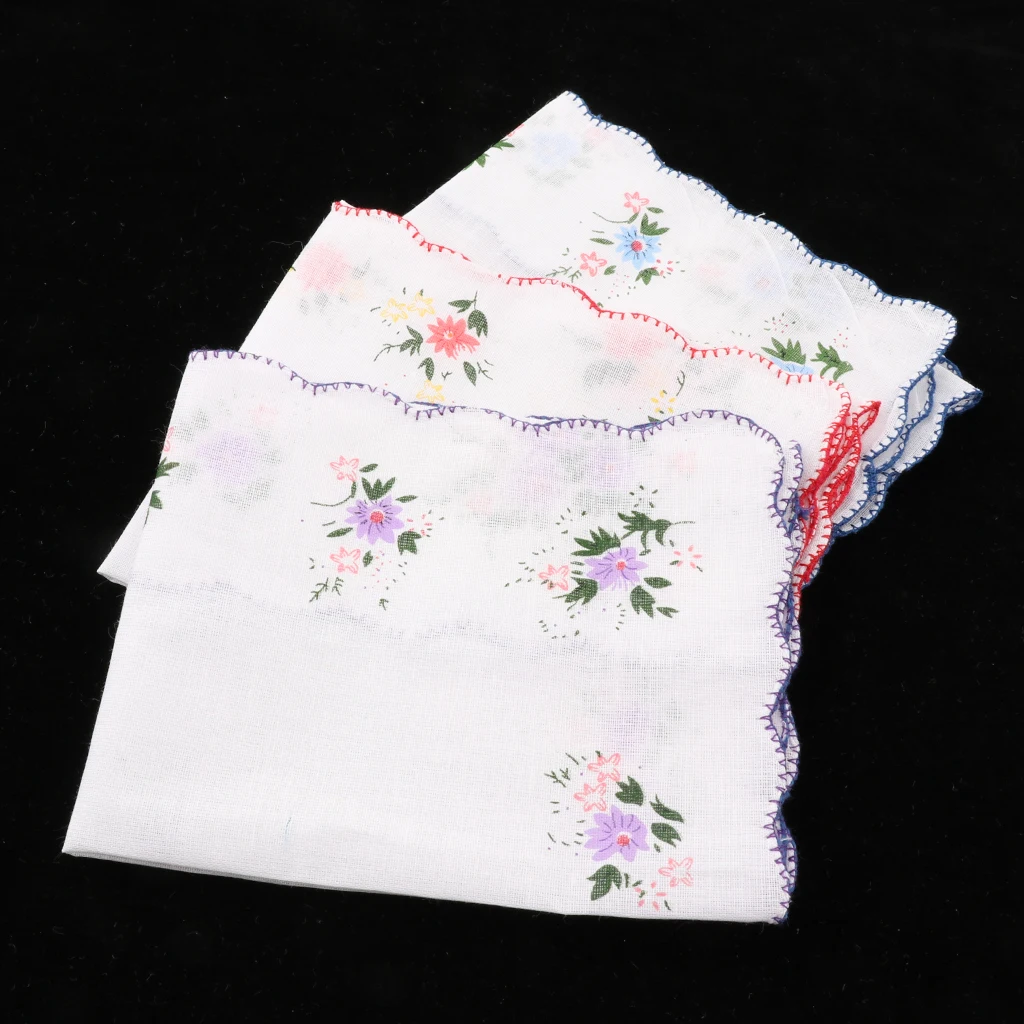 3 Pack Flower Embroidered Handkerchief Women 100% Cotton Square Pocket Hanky Girls Cute Wavy Edge Kerchiefs Hankie