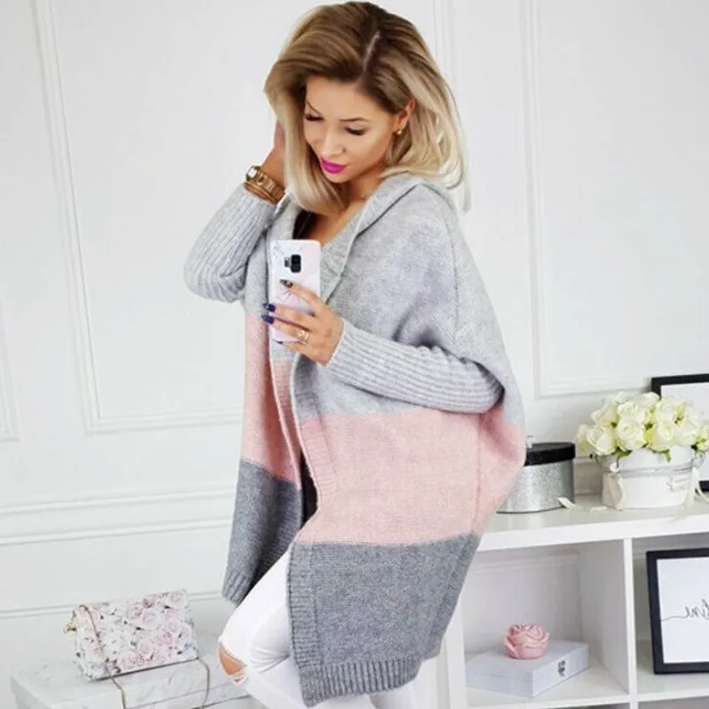 Gray pink Осенний теплый вязаный женский свитер, кардиган, женский полосатый свободный мешковатый вязаный крючком с длинным рукавом, вязаный женский пуловер, M-XXL - Цвет: Gray pink