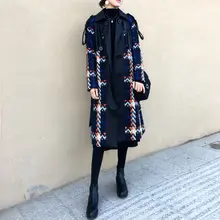 Осенне-зимнее модное клетчатое пальто длинное модное стеганое твидовое двубортное свободное шерстяное пальто Женская ветровка f1552