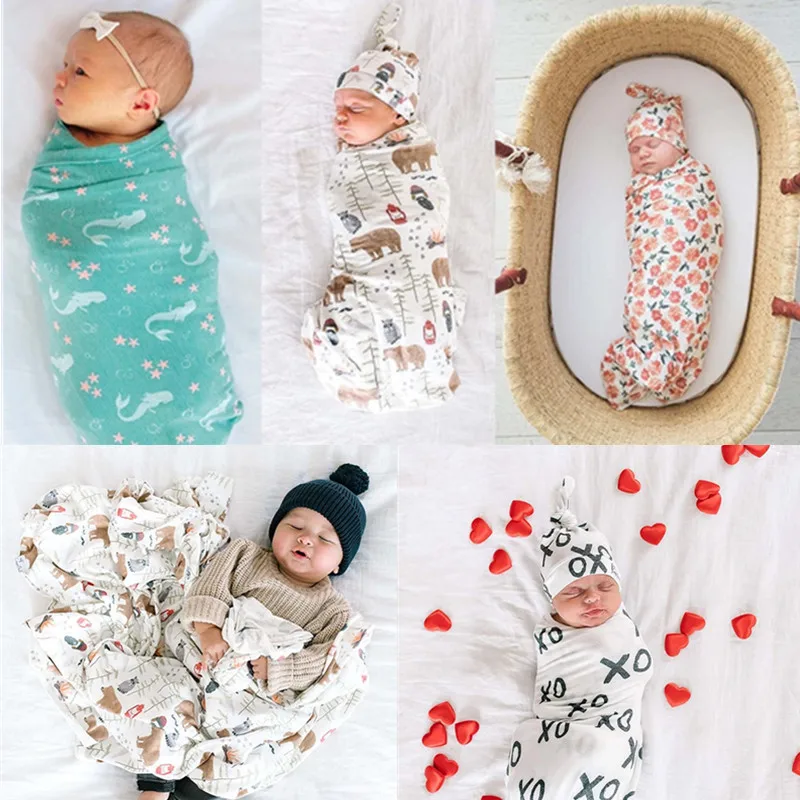 

2Pcs Baby Blanket + Hat Set Newborn Swaddle Wrap Cap Kit Infant Receiving Blanket Sleepsack Bedding Bath Towel Photography Prop