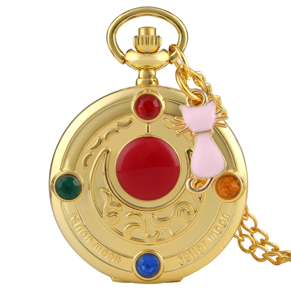 Exquisite Color Diamond Case Cover Pocket Watch Girls Sailor Moon Necklace Clock Female Pink Cat Accessoy 5