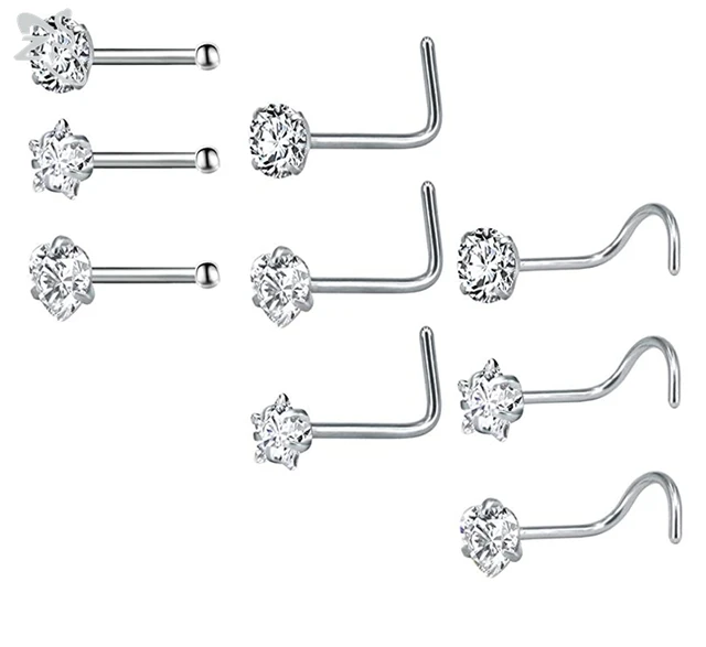 ZS 9-12PCS 316L Stainless Steel Nose Stud Sets Colorful 3mm CZ Crystal Nose Piercing 20g Bone/L Shaped/Nose Screws Nose Ring Set 1