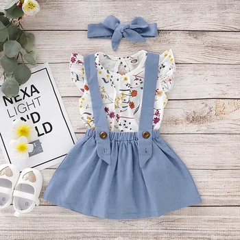 

1-5T Summer Baby Girl Flare Sleeve Floral Print T-shirt Blouse Strap Skirts Headband Casual Outfits Set New Arrival