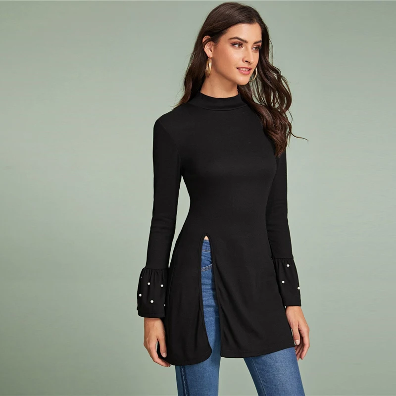 SHEIN черная вышитая бисером футболка с рукавом-воланом и Боковым Разрезом, Женская Весенняя Осенняя футболка с длинным рукавом и стоячим воротником, однотонные длинные элегантные футболки