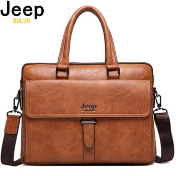 

JEEP BULUO Men Tote Casual Briefcase Handbag High Quality Messenger Bags Business Shoulder Bag Brown Leather 14"Laptop A4 Files