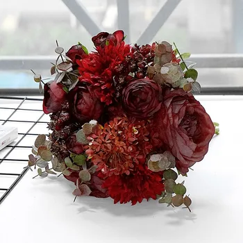 

1pcs Artificial Rose Flower Bridal Holding Flowers Wine Red Holding Rose Simulation Flower Wedding Bouquet Wedding Party Decor