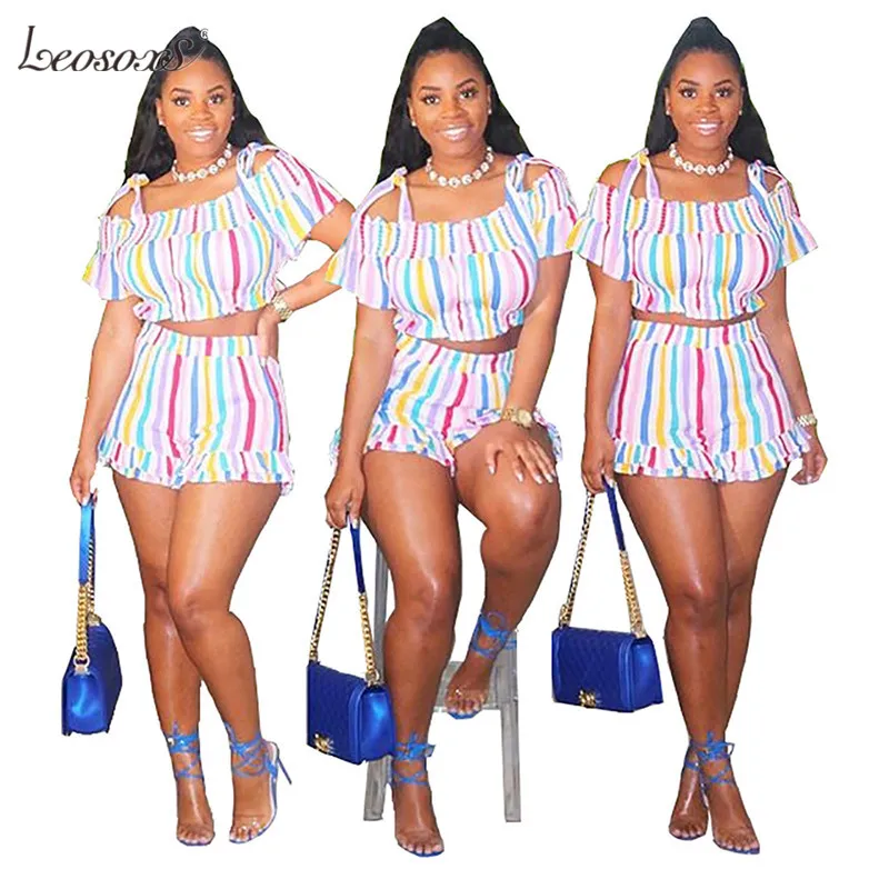 

Summer 2 Piece Outfits For Women Casual Style Off-the Shoulder Short Flare Sleeves Multicolor Stripes Tops+flare Hot Pants