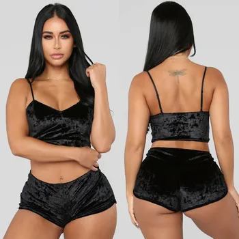 

Fashion Women 2pcs Velvet Sleepwear Sexy Spaghetti Strap Shorts Pajama Set Ladies Sleepwear female Plus Size Bra Underwear #W