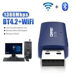 Carte réseau sans fil USB 1300, 2.0 Mbps, adaptateur Wifi 5ghz, Bluetooth 4.2, pour ordinateur portable, récepteur de musique Audio 