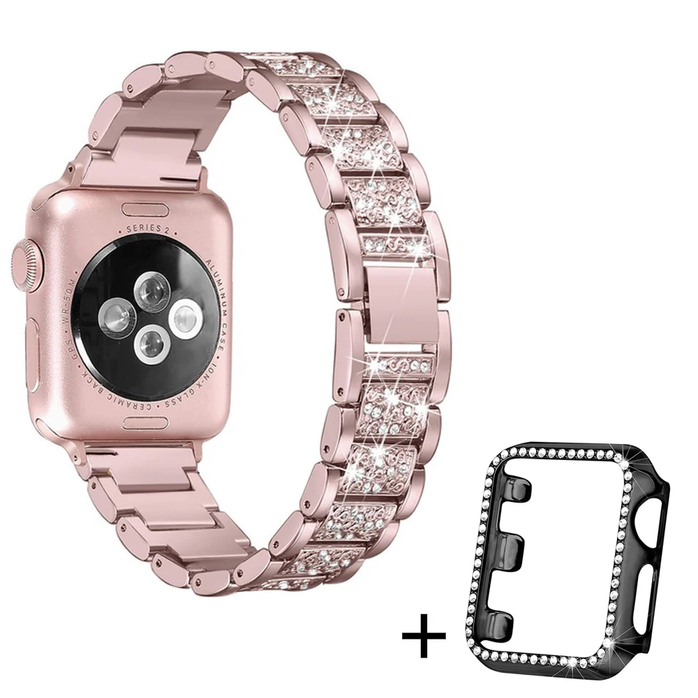 Ремешок со стразами+ чехол для Apple Watch 38 мм 42 мм металлические стразы сменный Браслет для женщин iWatch 40 мм 44 мм серия 5 4 - Цвет ремешка: Rose-pink-black case