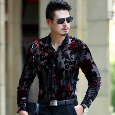 Изысканная деловая Повседневная рубашка с длинным рукавом с 3D цветочным рисунком, осень, Качественная мужская рубашка из золотого бархата и жаккарда, M-3XL - Цвет: as picture