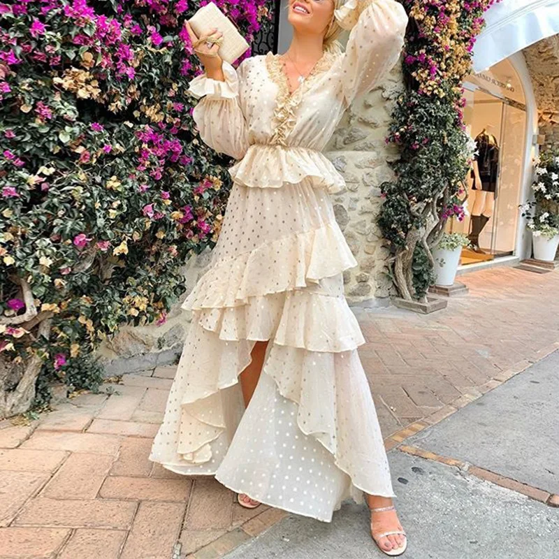 Женское длинное платье в горошек Boho летнее вечернее пляжное с высокой талией и