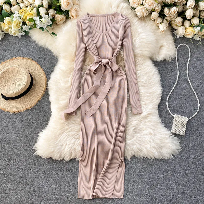 Spring And Autumn Sexy Women Black Vintage Knitted Dress Simple Solid Basic V-Neck Long Sleeve Dress Over The Knee Female